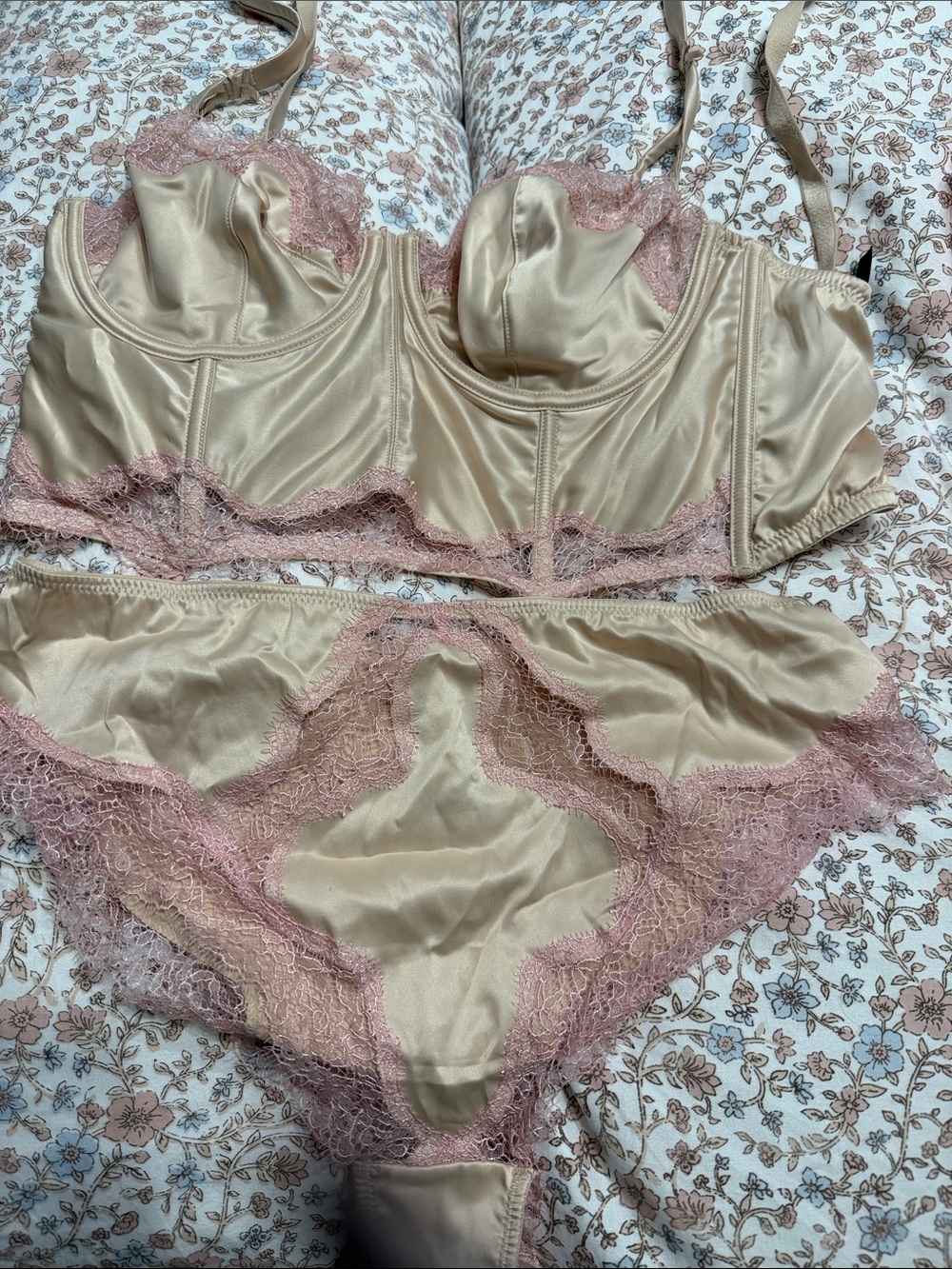 Victoria's Secret Champagne Satin Bra & Pink Lace Brief Set